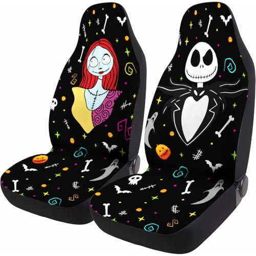 GENANY Horror Nightmare Skellington Couple 2 Front Car Seat Covers for Car Truck Sedan SUV, Christmas Car Gifts, Durable Automotive Seat Covers, Bucket Seat Cover, Protective Interior Accessory