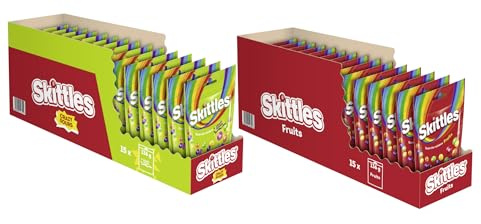 Skittles Mix Crazy Sours 15x136g & Sittles Fruits 15x136g Kaubonbons, Süßigkeiten, Kaubonbons mit Orange, Limette, Zitrone und weiteren Sorten, Vegane Süßigkeiten