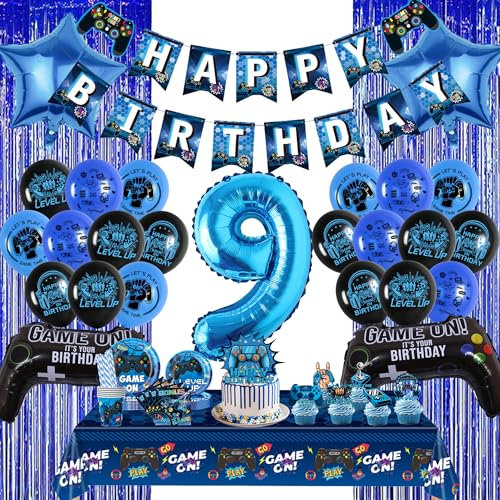 9th Birthday Decorations Banner Balloons - 109Pcs Video Game Party Supplies Set Include Fringe Curtain, Happy Birthday Cake Toppes Napkins Tablecloth Tableware for 9 Years Old Boys Kids