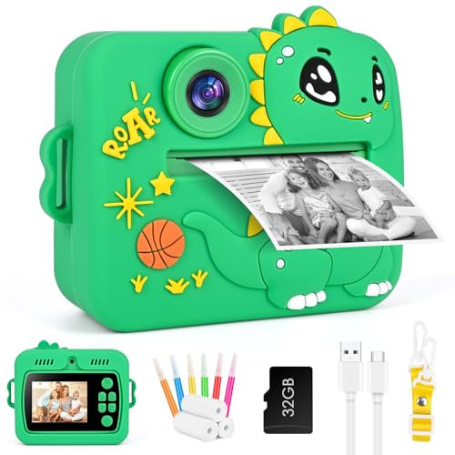 Kinderkamera Sofortbildkamera,Digitalkamera für Kinder mit Druckpapier 32G TF Karte, 2,4 Zoll Bildschirm 1080P Videokamera Kamera Kinder Sofortdruck, Weihnachten Geschenk für Jungen 3-12 Jahren (Grün)