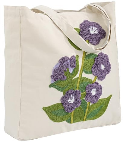 Perseverance Trade Canvas-Tragetasche mit Stickerei für Damen, wiederverwendbar, Baumwolle, Schultertasche für Einkaufen, Lebensmittel, Strand, Buch, Geschenk, Fitnessstudio, Purple Morning Glory
