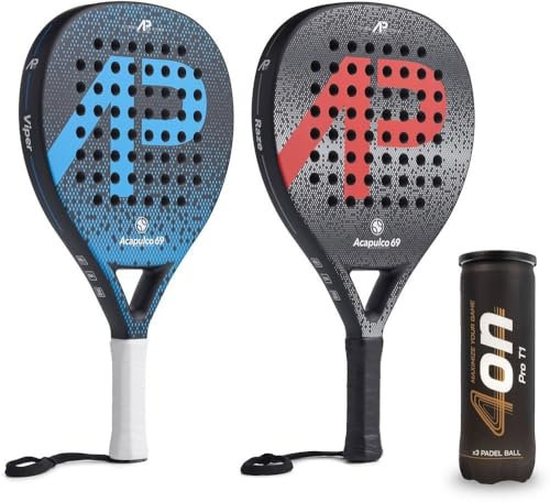 Acapulco 69 - Juego de Raquetas de pádel | Advanced Viper + Raze | Capa 100% de Carbono, Suave, Duradera, para Interior y Exterior, 2 Raquetas, 3 latas de Pelotas