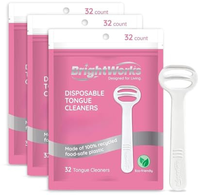 Brightworks Disposable Tongue Scraper for Adults – 96 Count Hygienic Tongue Cleaner for Fresh Breath – Recycled Plastic, Curved Design Tongue Cleaner – Travel-Friendly