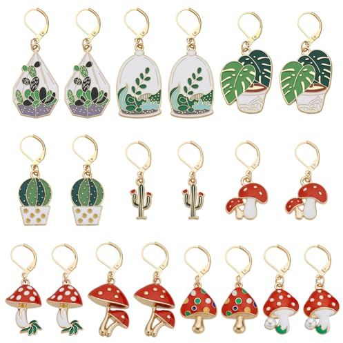 WADORN 20 x Maschenmarkierer In Kaktus Pilz Form, Grüne Pflanzen Legierung Emaille Häkel Maschenmarkierer Charms Verriegelung Maschenmarkierer Mit Karabinerverschlüssen Zum Nähen Schmuckherstellung