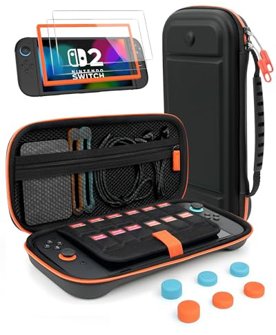 TRANSNOVO Large Carrying Case Compatible with Nintendo Switch 2 Console (2025) - 4 in 1 Accessories Bundle with 2 Screen Protectors, 6 Thumb Grip Caps, Easy Align Frame, 12 Game Card Slots, Black