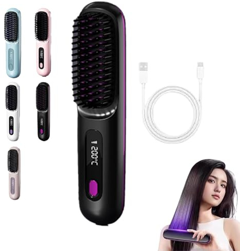 Cordless Volumizing Hair Brush for Short Hair, Heated Styler with 3 Settings, 20s Quick Heat, LED Screen, USB-C, Travel Friendly(Black)