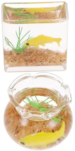Gogogmee 2Stücke Miniatur Aquarium Glas Fischtank Puppenhaus Zubehör Simulation Künstliche Karpfen Quadratisch/Rund Kleiner Haus Dekor Desktop Ornamente