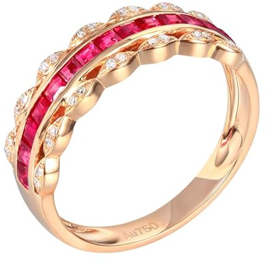 Anelli Oro 18Kt, Anello Donna Rosso 0.72 Carati Ruby Creato In Laboratorio Fila Di Perforazione Oro Rosa 750 con Moissanite Misura 25