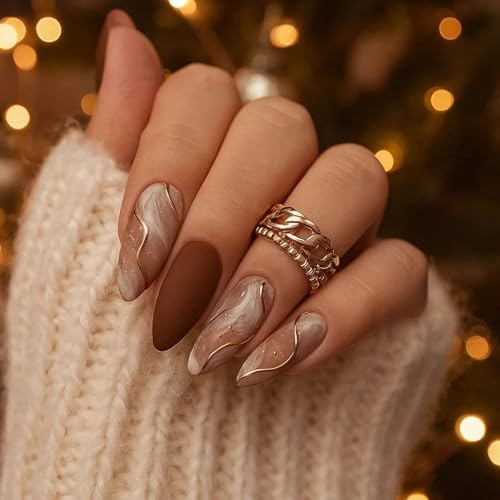 24Pcs Matte Brown Gold Marble Press On Nails Short Almond Shape Elegant French Tip Fake Nails for Women Handmade Ombre Design Stick On Autumn Acrylic False Set