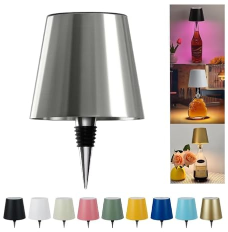 JORCEDI Wireless Bottle Lamp - Rechargeable Bottle Lights USB Rechargeable Bottle Lamp Kit, LED Bottle Lamp Wine Bottle Lamp Touch Dimmable Lamp for Bottle (Silver Plating,3 Color)