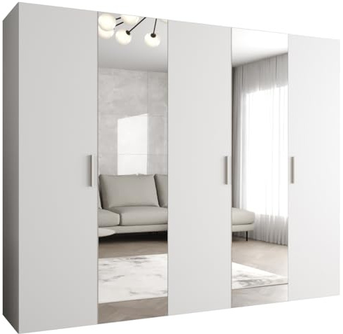 MEBLE KRYSPOL - Kleiderschrank - Garderobenschrank - 250 cm x 202 x 52 cm - Schrank mit Kleiderstange und Spiegel, 5 Türen - für Schlafzimmer, Flur - BARI, Weiß, Griff Silber