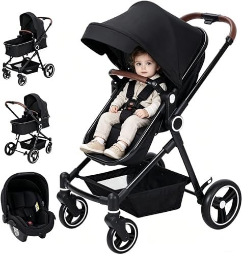3 in 1 Kinderwagen ab Geburt bis 26 kg, Buggy mit Babywanne & Babyschale (R129), einhändig klappbar, Liegefunktion, wendbarer Kindersitz, Schwarz
