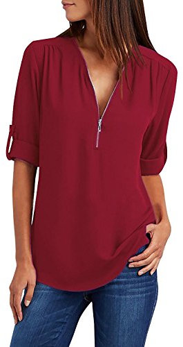 Yuson Girl Femmes Blouse, Femmes Chemisier en Mousseline de Soie Lâche Blouse Zipper V Profond V Chemises Sexy Mode Casual Tops pour Dames(A-Vin Rouge, S)