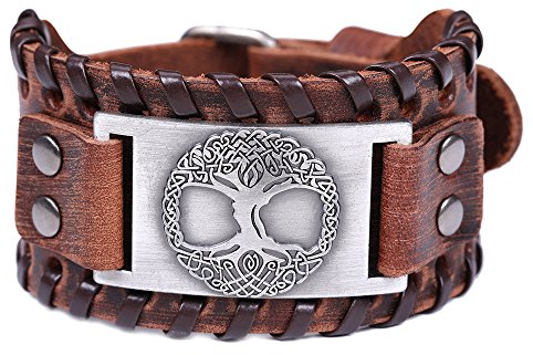 Vintage Amulett nordischen Viking Baum des Lebens Yggdrasil keltischen Knoten Metall braun Lederarmband für Männer (braunes Leder, antikes Silber)