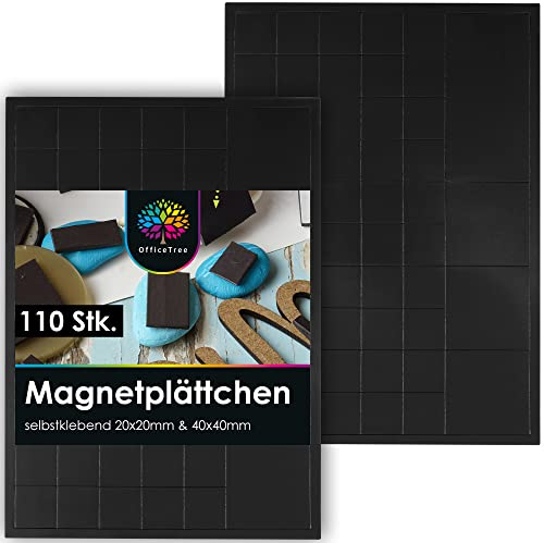 OfficeTree 110 Placas Magneticas - Imanes Pegatina 100 x 20x20 mm más 10 x 40x40 mm Imanes Autoadhesivos - Laminas de Iman en Negro para Fotos o Papel