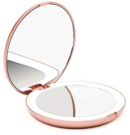 Fancii LED Compact Makeup Mirror for Handbag, 1X/10X Magnifying - Natural Daylight LED, Travel Size, Portable, Large 127mm Wide Illuminated Mirror, Rose Gold (Lumi)