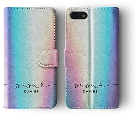 Tirita Personalised Initials Custom Wallet Leather Flip Phone Case Compatible with iPhone 11 PRINTED GLITTER, NOT REAL GLITTER Holographic Iridescent Rainbow Psychedelic Print