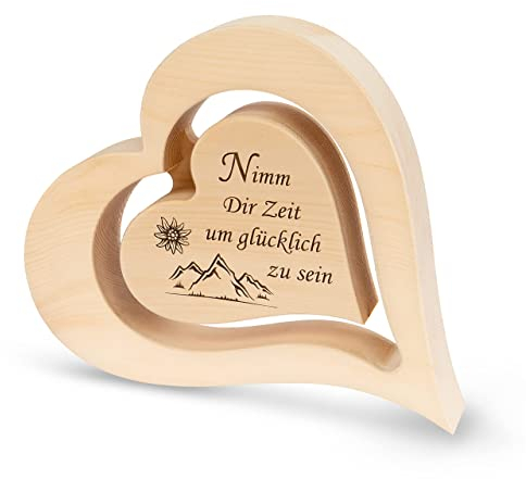 sagl.tirol Herz aus Zirbenholz mit schwebendem innen Herz [100% Naturprodukt] schöne Tischdeko I Holzherzen Deko aus Zirbe I Herz Deko I Jahrestag Geschenk I Deko Holz I Herz Holz I Nimm dir Zeit