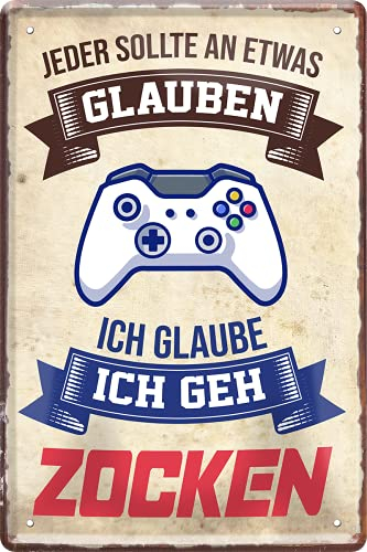 schilderkreis24 – Blechschild Lustiger Gaming Spruch “Jeder Glauben Zocken“ Geschenkidee Gamer Gaming 20x30 cm
