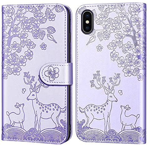 Aisenth Case for iPhone XS Max, Cute Wallet Flip Case with Card Holder Kickstand Magnetic PU Leather Phone Cover with Embossed Deer Floral Animal Pattern (Purple)
