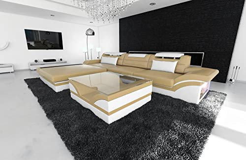 Sofa Parma L Form Ledersofa Ecksofa - mit LED Beleuchtung, verstellbare Kopfstützen, Recamiere/Lederfarben wählbar/Ausrichtung wählbar (Ottomane Links, Sandbeige-Weiß)