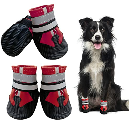 NeuWee Hundeschuhe Pfotenschutz, 4er-Set Wasserdicht Hundeschuhe mit Reflektierenden Riemen, Hundeschnee Stiefel Regenschuhe für Kleine, Mittelgroße und Große Hunde (S, Rot)