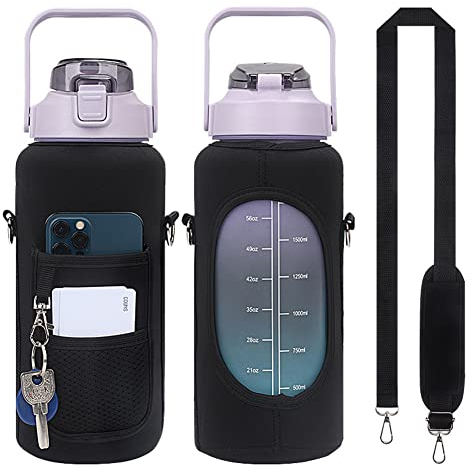 2000ML Water Bottle Bag with Sleeve - BPA Free Leakproof Sport Water Bottle Carrier with Shoulder Strap & Insulated Neoprene Holder Carrier Bag Great for Kids Women Men (Black)