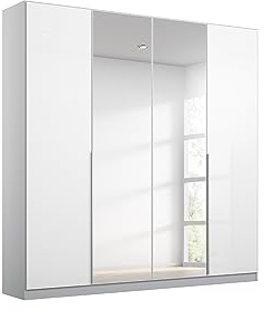 Rauch Möbel Alabama Drehtürenschrank Schrank Kleiderschrank Weiss Hochglanz, Seidengrau mit Spiegel, 4-türig, Inklusive Zubehörpaket Classic, 2 Kleiderstangen, 7 Einlegeböden, BxHxT 181x229x54 cm