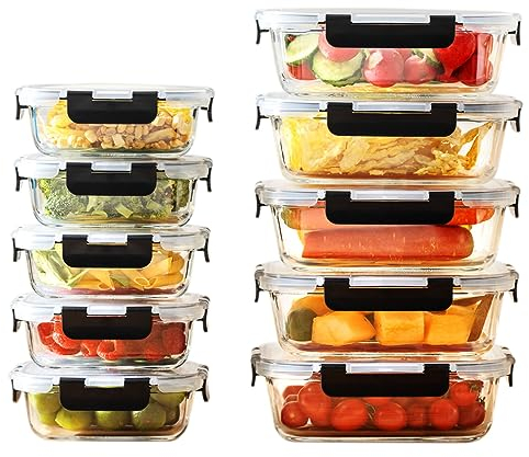 HOUSZY Glass Food Containers with Lids– 10-Piece Borosilicate Meal Prep Set– Leakproof, BPA-Free Glass Storage Containers– Oven, Freezer & Microwave Safe– 370ml & 1050ml (Black)