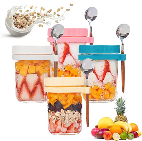 wynott 4 Pack Overnight Oats Jars with Lids and Spoon 11.8oz/350ml Overnight Oats Container Glass Mason Jars for Overnight Oats Airtight Breakfast Jars with Measurement Marks for Salads Cereal Fruit