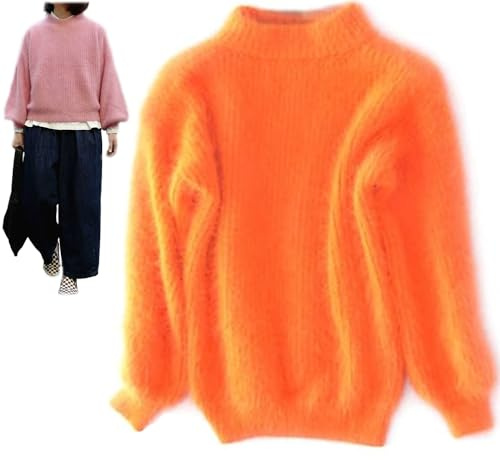 Dam vinter angora kashmir blandning lös varm tröja, enfärgad rund hals stickad pullover tröja fluffig plysch jumper, Orange, en storlek
