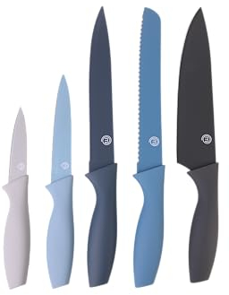 MasterChef Set Coltelli da Cucina, Collezione di Coltello Chef per Pane, Carne e Verdure, Acciaio Inox, Prova di Calore, Lavabile in Lavastoviglie, 5 Pezzi, Blu