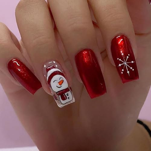 SINLOV Faux ongles de Noël longs et carrés en forme de bonhomme de neige - Rouge brillant - En acrylique - Couverture complète - Pour femmes et filles…