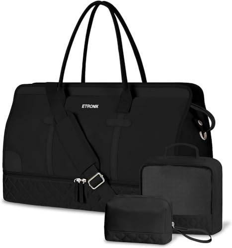 ETRONIK Weekender Reisetasche Damen, Große Reisetasche mit Schuhfach & Nass-Tasche, Tragetasche Sporttasche mit Kulturtasche, Tasche für Krankenhaus 3er Set Large Size (Schwarz)
