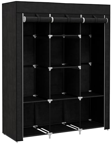 HOMCOM Stoffschrank, Kleiderschrank mit Kleiderstange, 8 Ebenen, Faltschrank, Faltbare Garderobe für Schlafzimmer, Flur, Vliesstoff, Schwarz, 125 x 43 x 162,5 cm