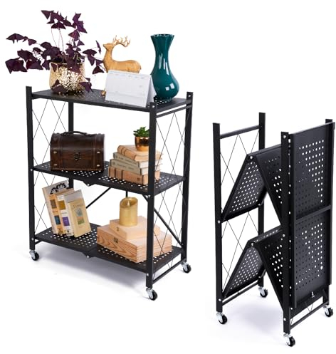 STREND PRO Klappbares Regal mit Rollen, 3 Etagen Faltbare Aufbewahrungswagen Einheit, Rädern 150 kg Tragfähigkeit, Lagerregal, Metallregal Schwarz, Klappregal für die Küche, Büro