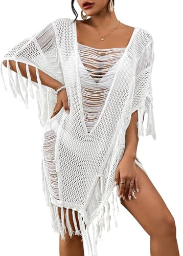 Bsubseach Sheer Bikini Cover Up für Frauen Fransen Hollow Out Badeanzug Coverups Sexy Beach Pool Badeanzug Quaste Tops Weiß