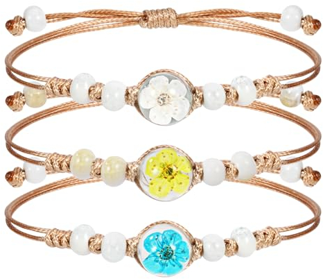 MWOOT 3 pièces Bracelet Fait Main en Avec Fleurs Séchées Pressées, Charmes de Fleur de Narcisse Sous Verre, Bijoux Floraux Pour Femmes et Filles