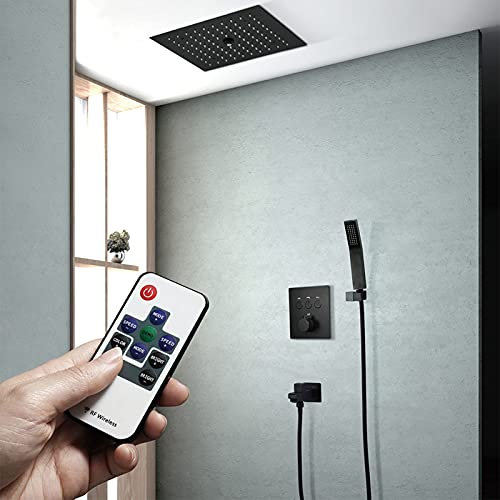 LED Thermostatic Shower System Matte Black, Ceiling Mount Rainfall Waterfall Shower Head with Hand Shower, Bath Shower Mixer Tap,Remote Control