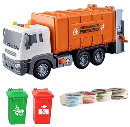 Sharplace Large Garbage Truck Toy Recycling Truck Toy with Bins Rubbish Truck Toy with Lights and Sounds Educational Toys for 4-7 Childs Birthday Halloween, Orange
