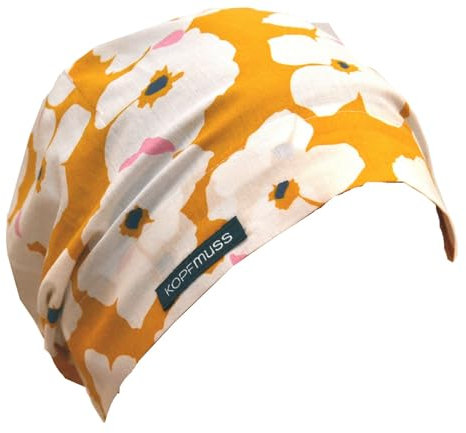 Kopfmuss - Damen Leichte Sommermütze KoS1153 - S, Blumen Senfgelb/Weiß
