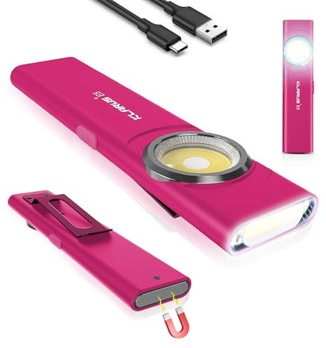 klarus E5 Flat EDC Torch,USB C Rechargeable COB Work Light, 600 Lumens Mini Flashlight with Magnetic Base and Buckle Clip Suitable for Maintenance, Camping, Hiking, Emergency, etc (Pink)