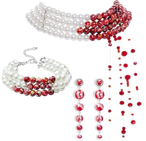 Auzlya Tropfende Blut Imitationsperlen Halskette,Halloween Blutige Perlenkette,3 Stück Halloween Accessoires Damen,Gothic Perlen Armband Ohrringe Halskette,Halloween Vampir Party Kostüm