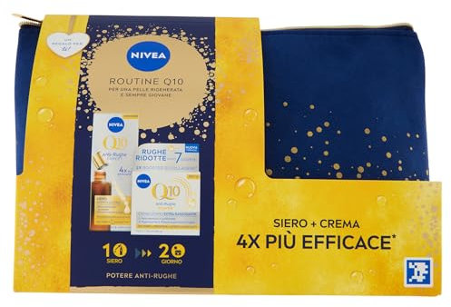 NIVEA Routine Q10 Kit cofanetto regalo donna, Set regalo donna anti-age con Crema Viso Antirughe Giorno Extra Rassodante 50 ml e Siero Viso Doppia Azione 30 ml e Travel Bag omaggio inclusa