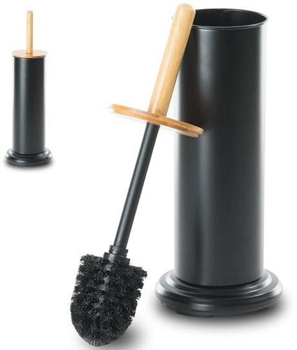 Leadfun Brosse WC, Brosse de Toilette avec Manche en Bambou, Balai Brosse Toilette avec Support en Métal, Deux Têtes de Brosse, Base Lestée (Noir)
