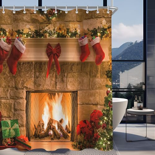 Lerores Duschvorhang 240x200cm Weihnachtsstrümpfe, Beschwerter Saum Antischimmel Textil, Wasserabweisend, Waschbar Polyester Badevorhänge mit Ösen und 16 Duschvorhangringe für Badezimmer, Badewanne