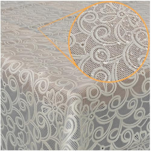 Tischdecke abwaschbar Wachstuch Lace Vinyl Häkel Spitze Optik 180 x 138cm Blumen Beige abwischbar