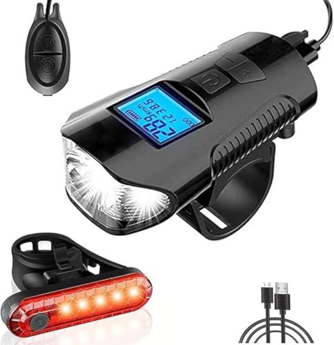 Rechargeable Bike Lights Set – Front and Tail LED Torch, USB & Solar Charging, 4-in-1 Bicycle Light with Loudspeaker, 4 Flash Modes, Waterproof Safety Lights
