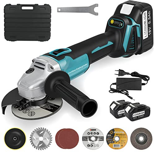 KEATFE Smerigliatrice Angolare a Batteria 18 V, Ø 125 mm, 9000 rpm, Brushless, Copertura a Sgancio Rapido, Impugnatura Anti-Vibrazione, 2 Batterie da 5,5 Ah e Caricabatterie