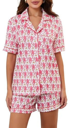 Eghunooye Y2K Damen-Pyjama-Set mit niedlichem Hasen-Herz-Aufdruck, Lounge-Hemden, 2-teiliges Shirt-Set, adrette Nachtwäsche, rose, M